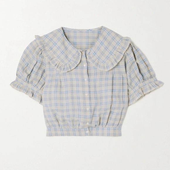 NWT Doen Sparrow Ramie Ruffle Collar Button Crop Top Meadowlark Plaid Blue - Picture 11 of 12